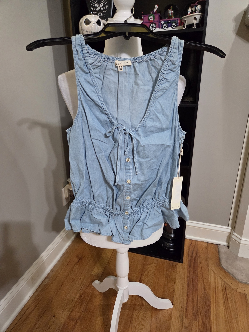 Copper Key Light Blue Tie-Front Ruffle Hem Sleeveless Top